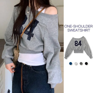 Melted concave one-shoulder lettering shibori crop fleece loose man-to-man