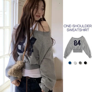 Melted concave one-shoulder lettering shibori crop fleece loose man-to-man