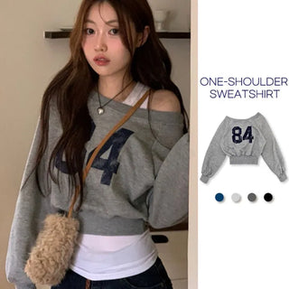 Melted concave one-shoulder lettering shibori crop fleece loose man-to-man