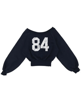 Melted concave one-shoulder lettering shibori crop fleece loose man-to-man