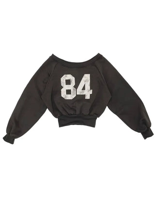 Melted concave one-shoulder lettering shibori crop fleece loose man-to-man