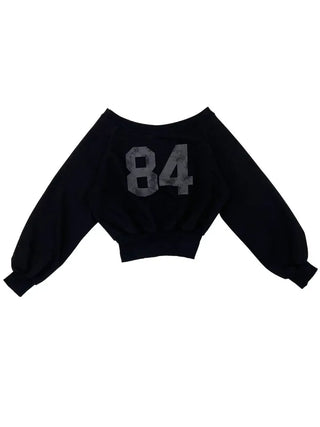 Melted concave one-shoulder lettering shibori crop fleece loose man-to-man