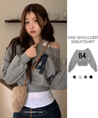 Melted concave one-shoulder lettering shibori crop fleece loose man-to-man
