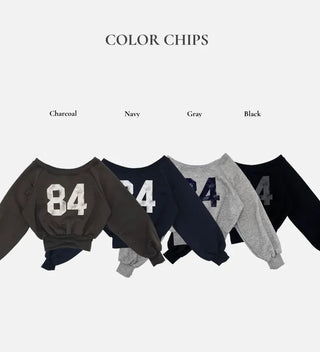Melted concave one-shoulder lettering shibori crop fleece loose man-to-man