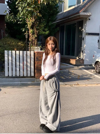 Ether Vizo pin-tuck two-way thick wide fleece long pants