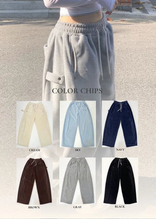 Ether Vizo pin-tuck two-way thick wide fleece long pants