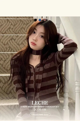 Leche Stripe Muffler Golji Cardigan Set