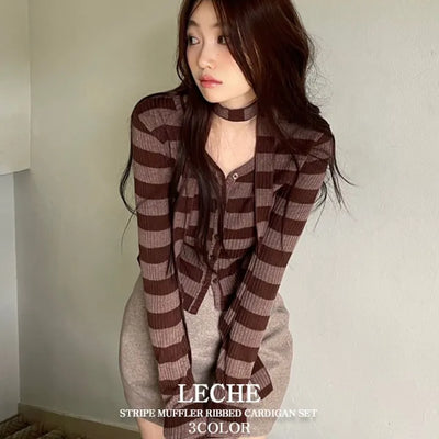 Leche Stripe Muffler Golji Cardigan Set