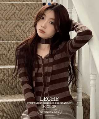 Leche Stripe Muffler Golji Cardigan Set