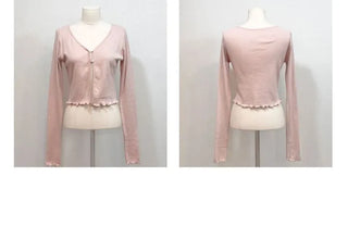 Label wave loose fit flower punching v-neck long sleeve button cardigan