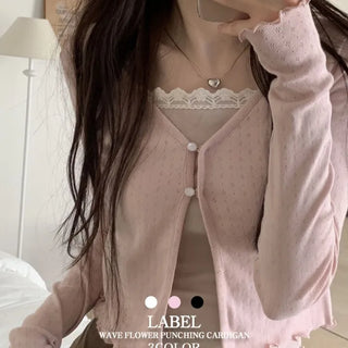 Label wave loose fit flower punching v-neck long sleeve button cardigan