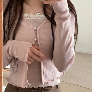 Label wave loose fit flower punching v-neck long sleeve button cardigan
