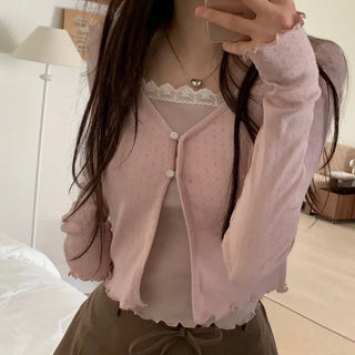 Label wave loose fit flower punching v-neck long sleeve button cardigan