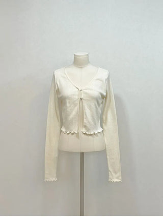 Label wave loose fit flower punching v-neck long sleeve button cardigan