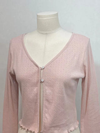 Label wave loose fit flower punching v-neck long sleeve button cardigan