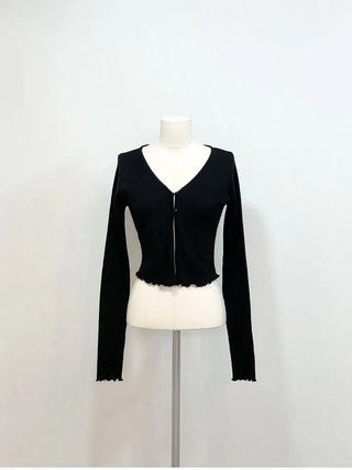 Label wave loose fit flower punching v-neck long sleeve button cardigan