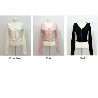 Label wave loose fit flower punching v-neck long sleeve button cardigan