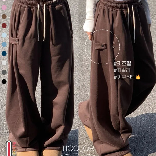 day fit bijou cozy thick slim fit adjustable side button pin tuck fleece wide pants