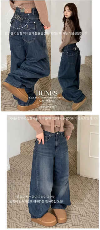 Denise sunken back button mega wide vintage washed beige denim long pants