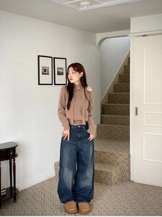 Denise sunken back button mega wide vintage washed beige denim long pants