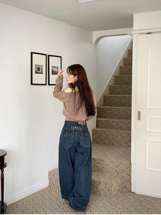 Denise sunken back button mega wide vintage washed beige denim long pants