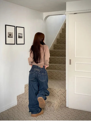 Denise sunken back button mega wide vintage washed beige denim long pants