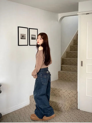 Denise sunken back button mega wide vintage washed beige denim long pants