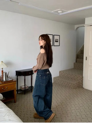 Denise sunken back button mega wide vintage washed beige denim long pants