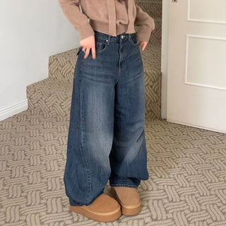 Denise sunken back button mega wide vintage washed beige denim long pants