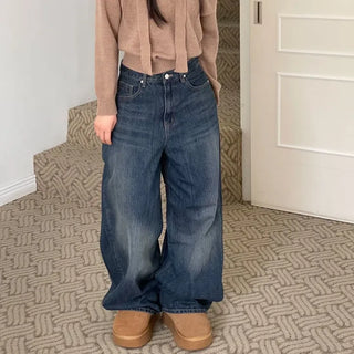 Denise sunken back button mega wide vintage washed beige denim long pants