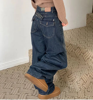 Denise sunken back button mega wide vintage washed beige denim long pants