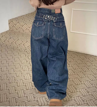 Denise sunken back button mega wide vintage washed beige denim long pants