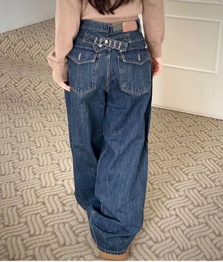 Denise sunken back button mega wide vintage washed beige denim long pants