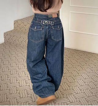 Denise sunken back button mega wide vintage washed beige denim long pants