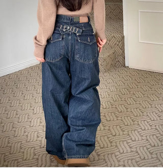 Denise sunken back button mega wide vintage washed beige denim long pants