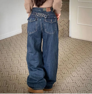 Denise sunken back button mega wide vintage washed beige denim long pants