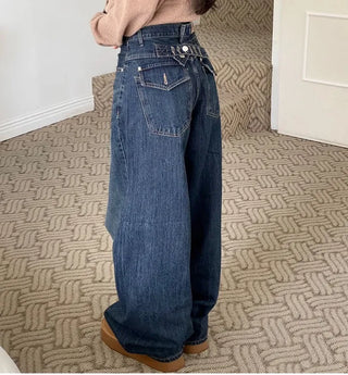 Denise sunken back button mega wide vintage washed beige denim long pants