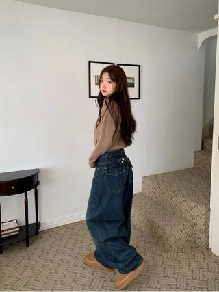 Denise sunken back button mega wide vintage washed beige denim long pants