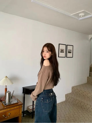 Denise sunken back button mega wide vintage washed beige denim long pants