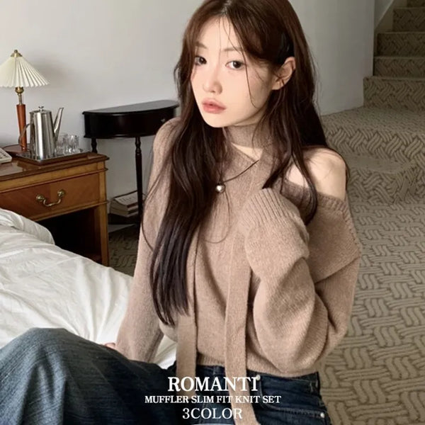 Romantic Muffler Two-Way Deep Boat Neck One-Off Loose Fit Knit Set