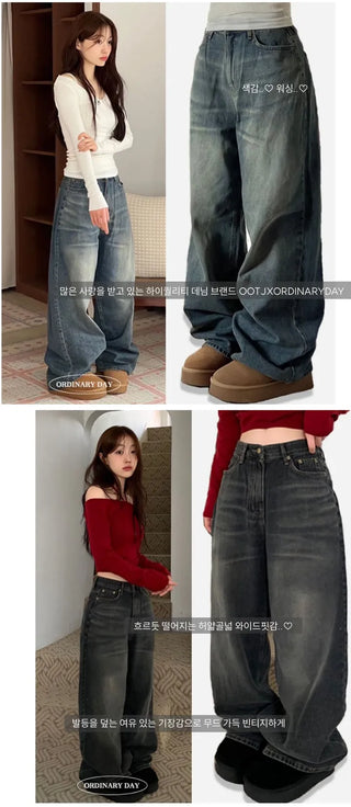 Bucket Vintage Washed Wide Denim Long Pants