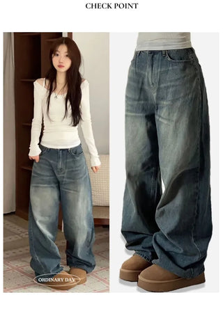 Bucket Vintage Washed Wide Denim Long Pants