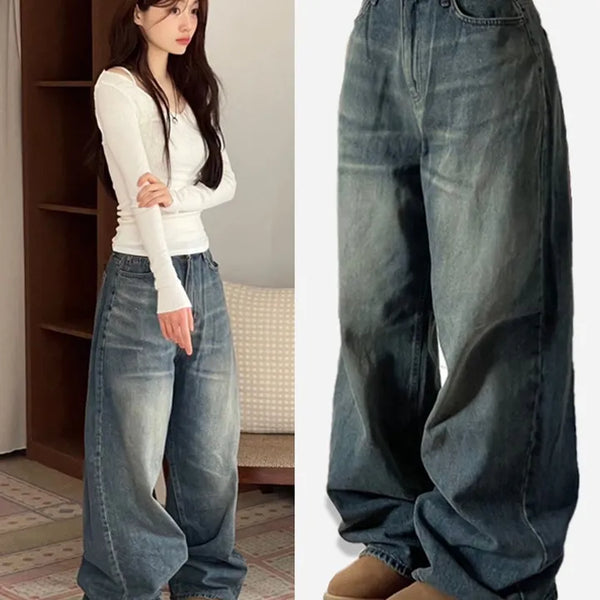 Bucket Vintage Washed Wide Denim Long Pants