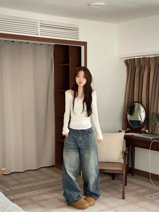 Bucket Vintage Washed Wide Denim Long Pants