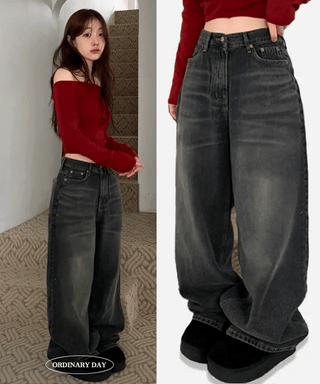 Bucket Vintage Washed Wide Denim Long Pants