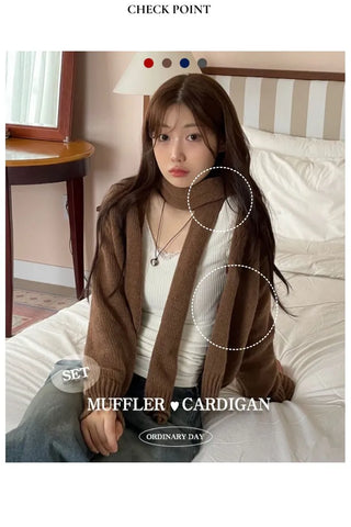 Vien warm soft thick V-neck loose-fit knit cardigan knit muffler set