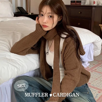 Vien warm soft thick V-neck loose-fit knit cardigan knit muffler set