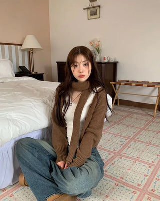 Vien warm soft thick V-neck loose-fit knit cardigan knit muffler set