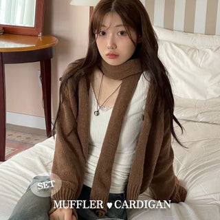 Vien warm soft thick V-neck loose-fit knit cardigan knit muffler set