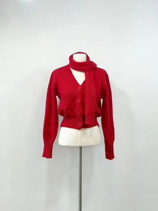Vien warm soft thick V-neck loose-fit knit cardigan knit muffler set